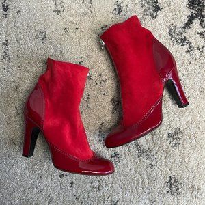 Marc Jacobs Red Patent Leather and Suede Bootie with Leopard Fur Lining size 6